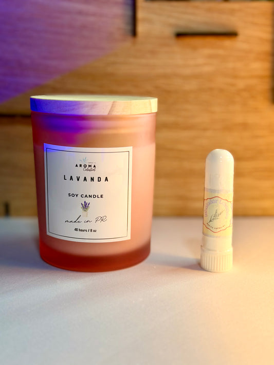 Combo Vela Lavanda con Mensaje revelador e inhalador de aceite esencial
